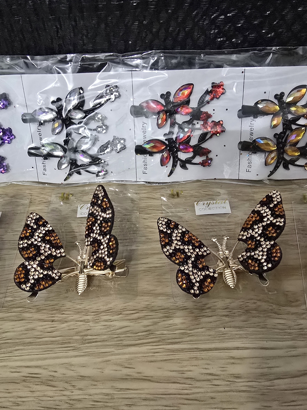 Rhinestone Butterfly Hair Clips - Brown & Gold